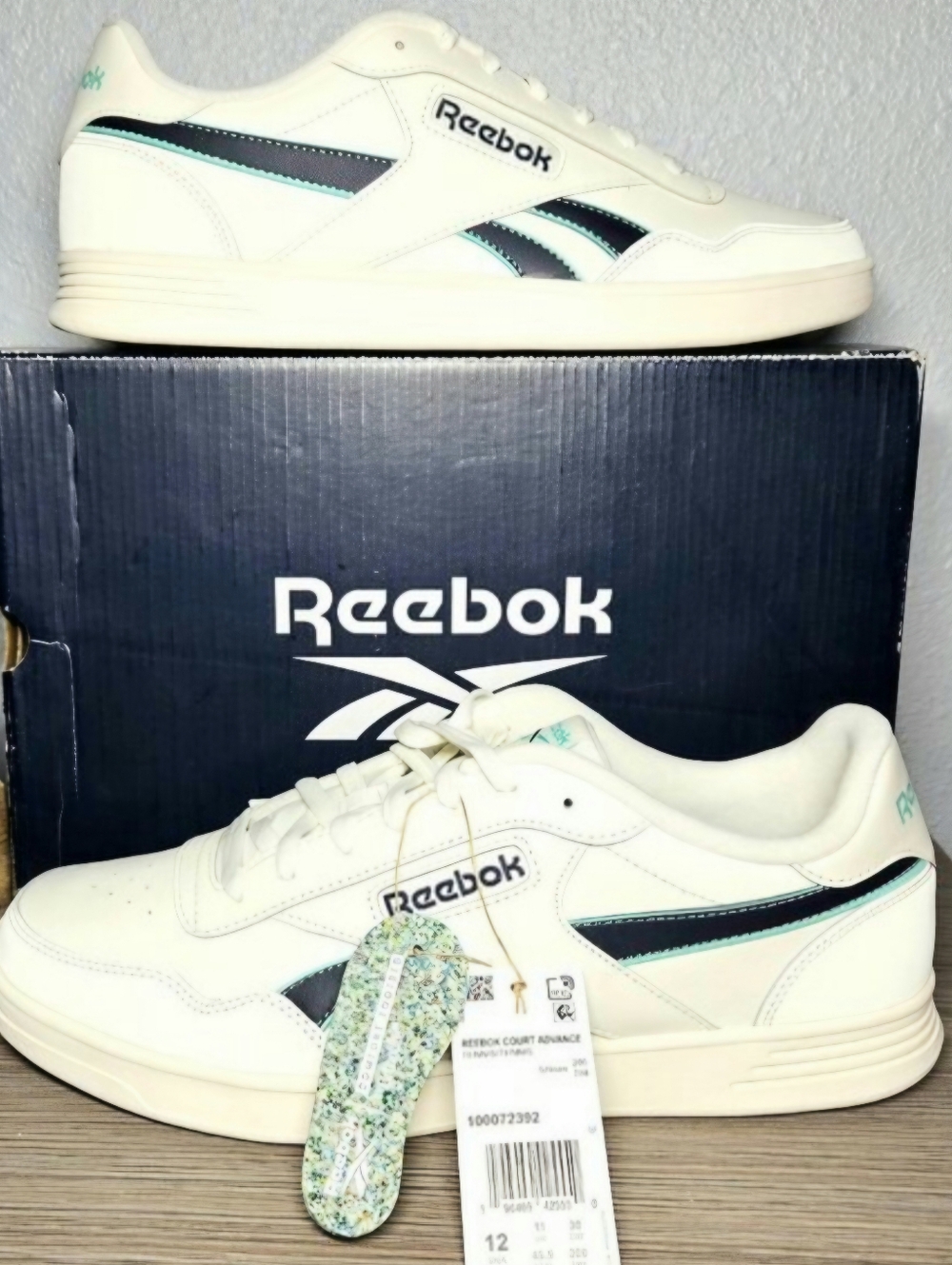 Reebok Court Advance-White, Navy,Teal-Leather, DMX Microbubble: Size 12 Men